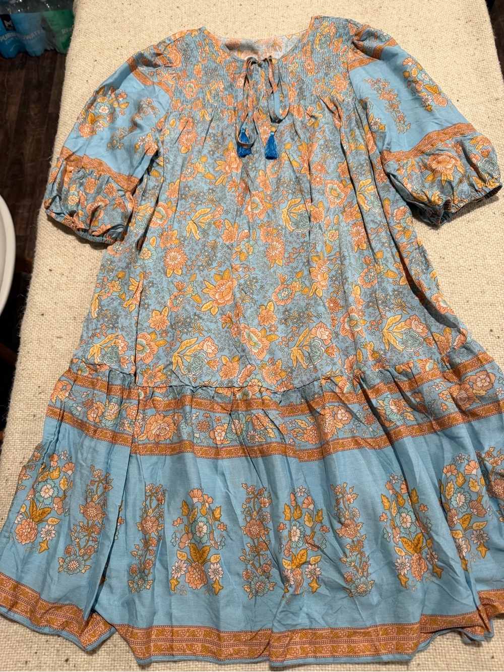 Blue Floral Cotton Girls' Dress with Orange Accents